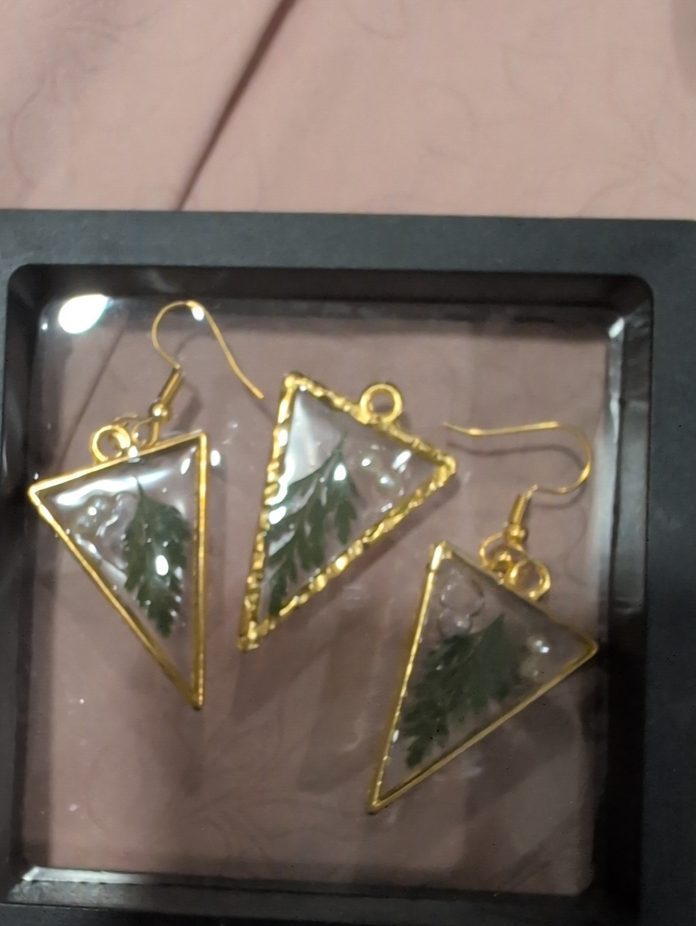 Gold-Tone Triangle Drop Earrings with Green Leaf Inlay Handmade Teal Flower 💐